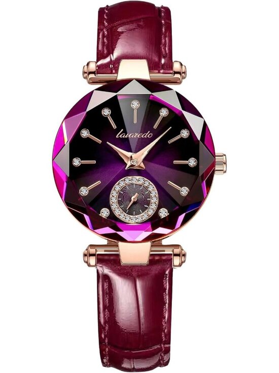 Womens Red Purple Elegant Leather Strap Analog Creative Diamond Dial Wrist Watch
